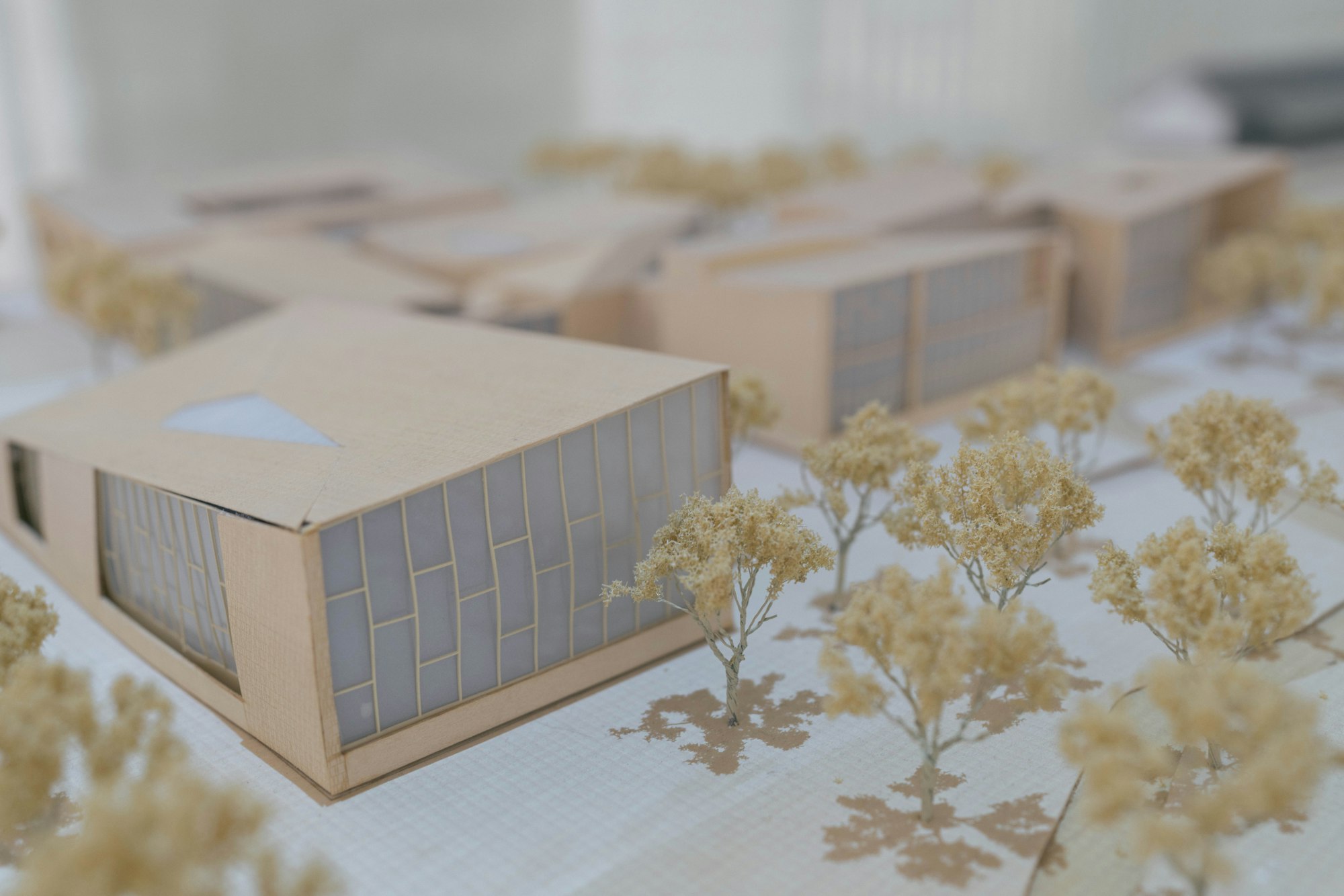 An architectural scale model with miniature trees on graph paper